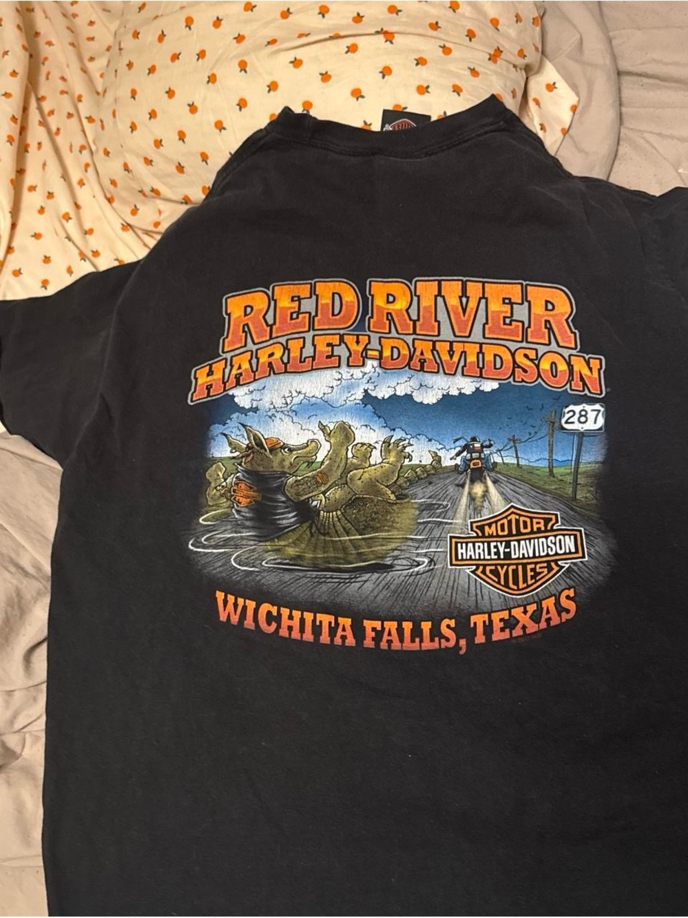 Harley-Davidson Black Tee with Orange & Blue Red River Graphic